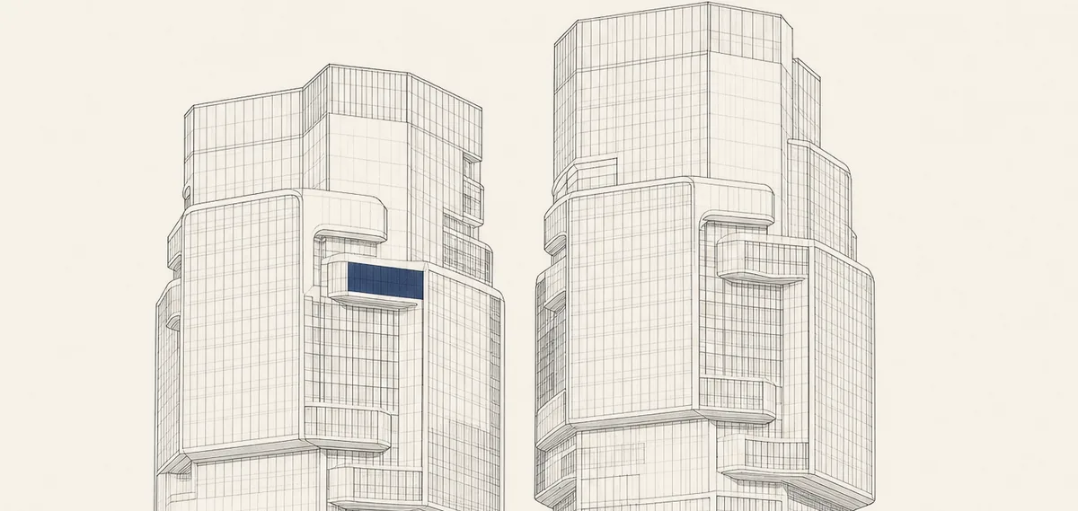 Line drawing of the Lippo Centre towers in Admiralty, where IMSG has its office