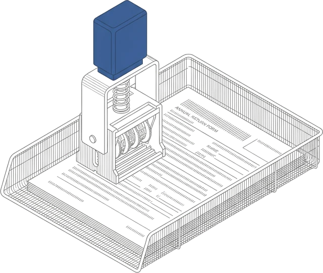 Line drawing of a numbering stamp standing on a filing form in a wire tray
