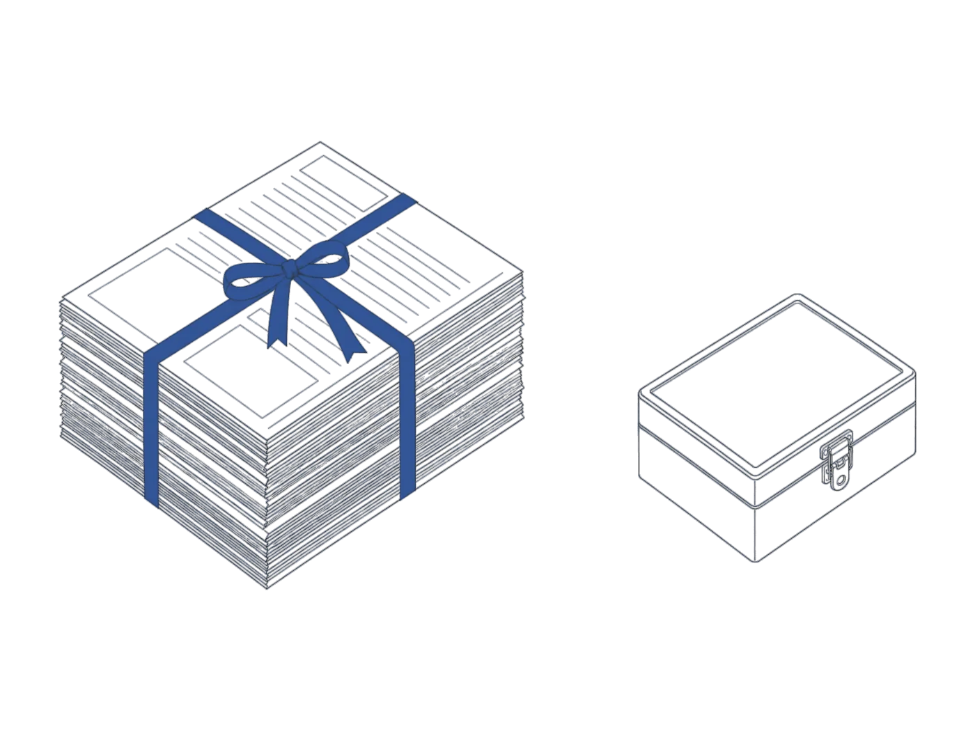 A tied bundle of working papers on one side and a closed seal box on the other, with a clear gap between them: we prepare the file, a separate practice signs.