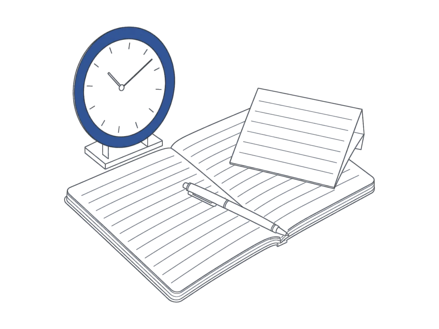 Line drawing of a desk clock, notebook and pen