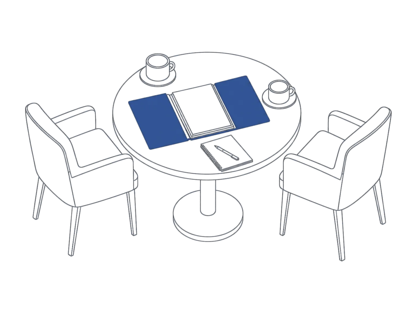 Line drawing of a small round meeting table with two chairs, an open folder, a notepad and two cups