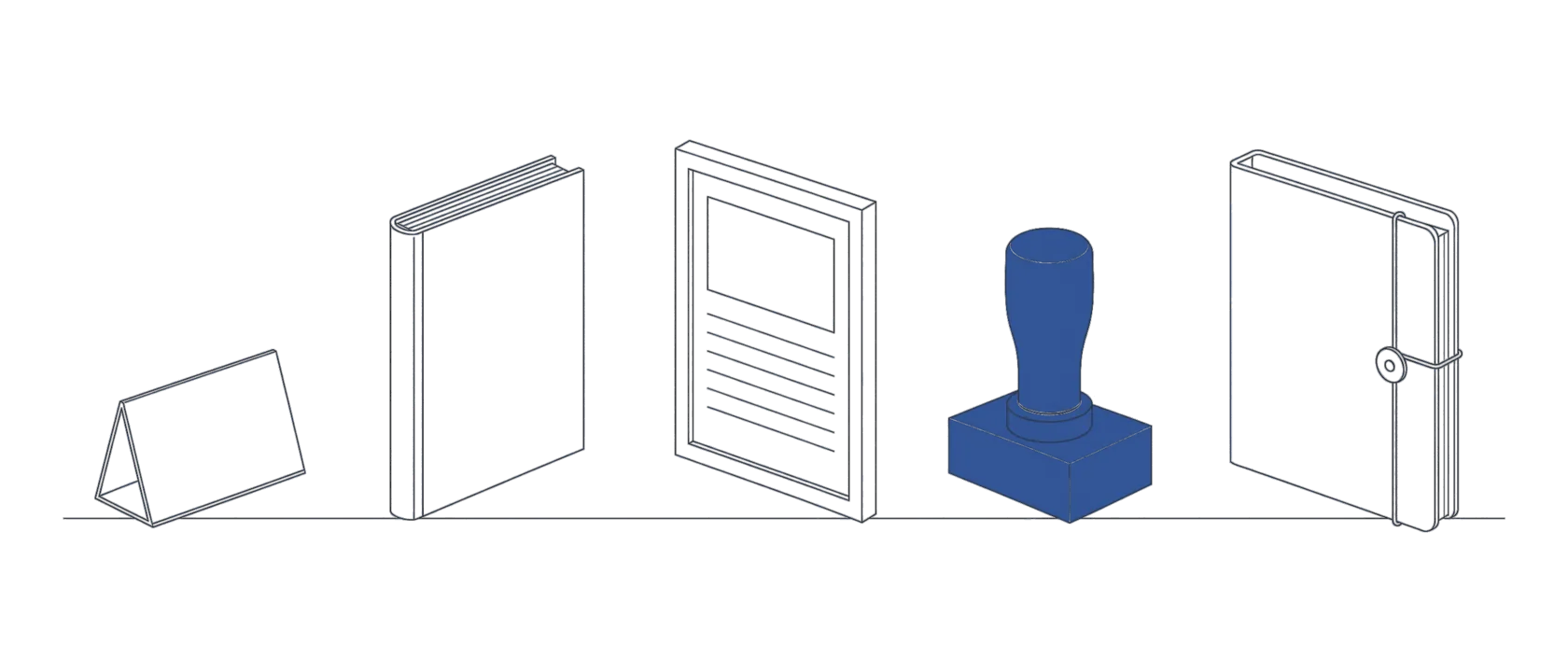 A name card, bound articles, a framed certificate, a company chop and a bank folder standing in a row