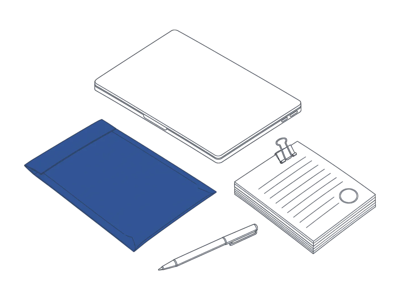 A closed laptop, a sealed courier envelope, clipped certified copies and a pen