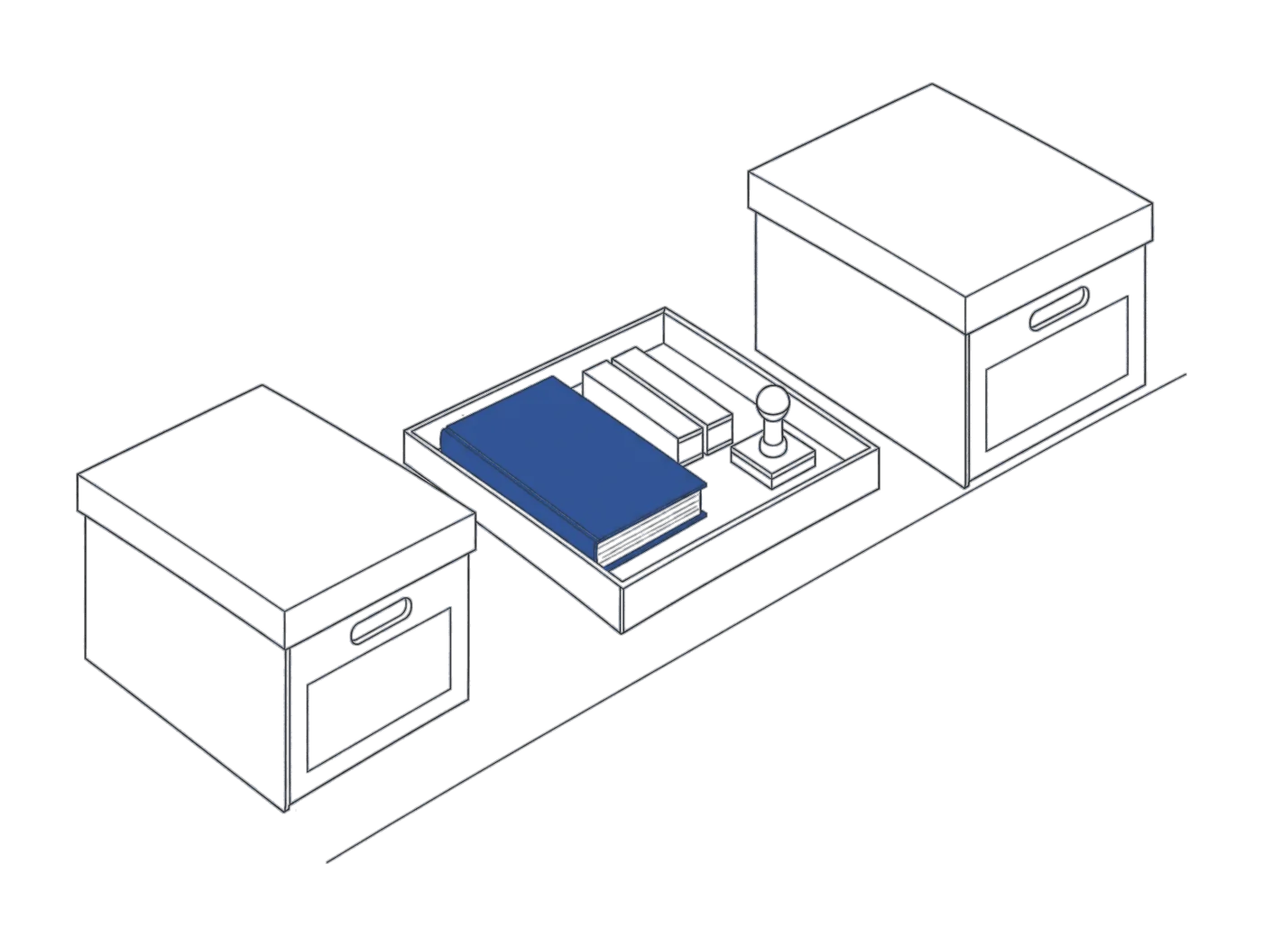 Two archive boxes on one line, with a tray between them carrying a minute book, registers and a company chop: company records moving from one keeper to the next.